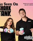 NightCap founders featured on Shark Tank holding reusable drink cover products designed to help protect drinks at bars, festivals, concerts, and nightlife events