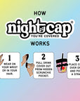 Illustrated step-by-step guide showing how the NightCap reusable drink cover scrunchie works from wearable accessory to drink cover