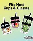 Illustration showing NightCap reusable drink covers fitting different cups and glasses including cocktails, tumblers, and mixed drinks