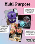 NightCap reusable drink cover scrunchie shown protecting drinks in multiple settings including bars, restaurants, travel, and outdoor environments