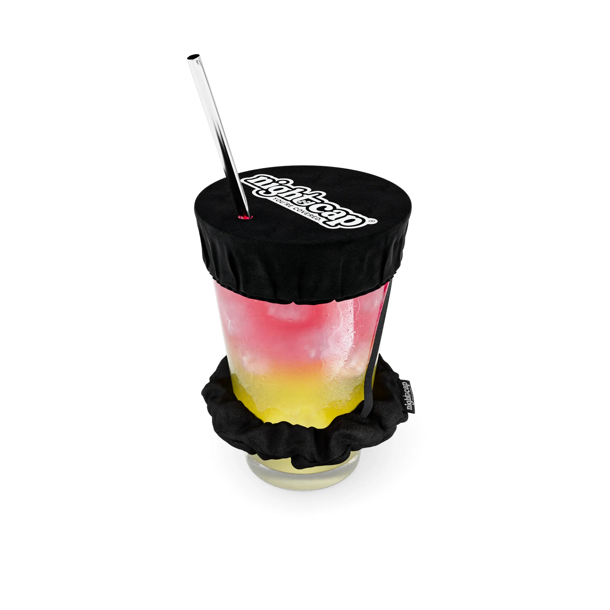Black NightCap reusable drink cover secured over a cocktail with a reusable straw for drink spiking prevention and beverage protection.