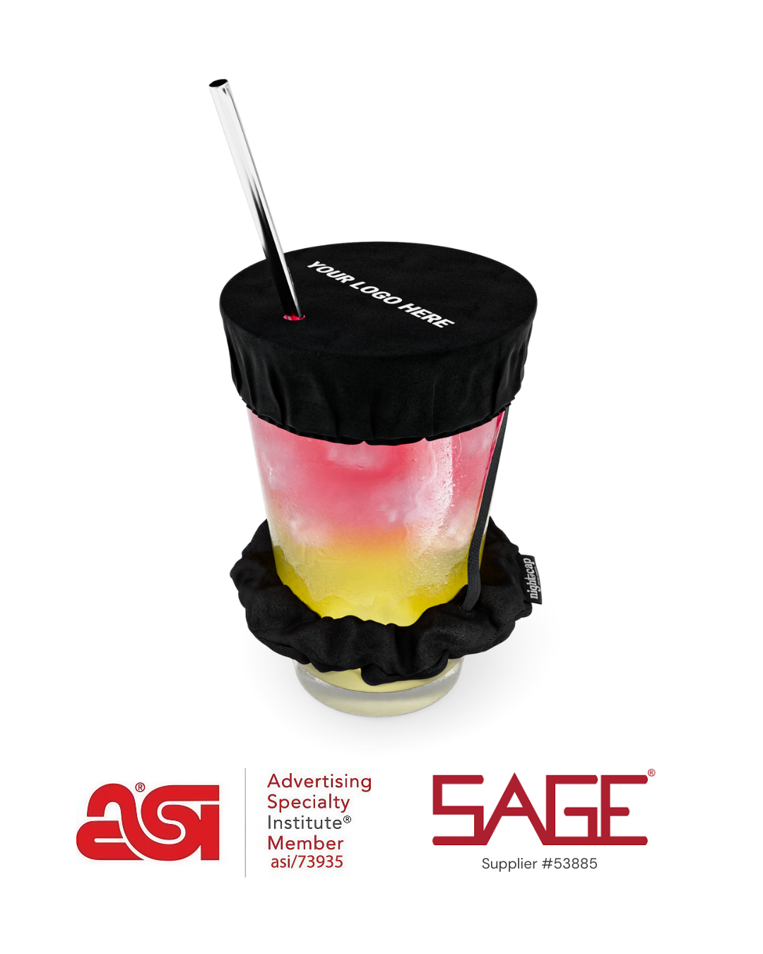 Custom logo NightCap drink cover for bulk orders, promotional giveaways, retail stores, universities, and branded events.