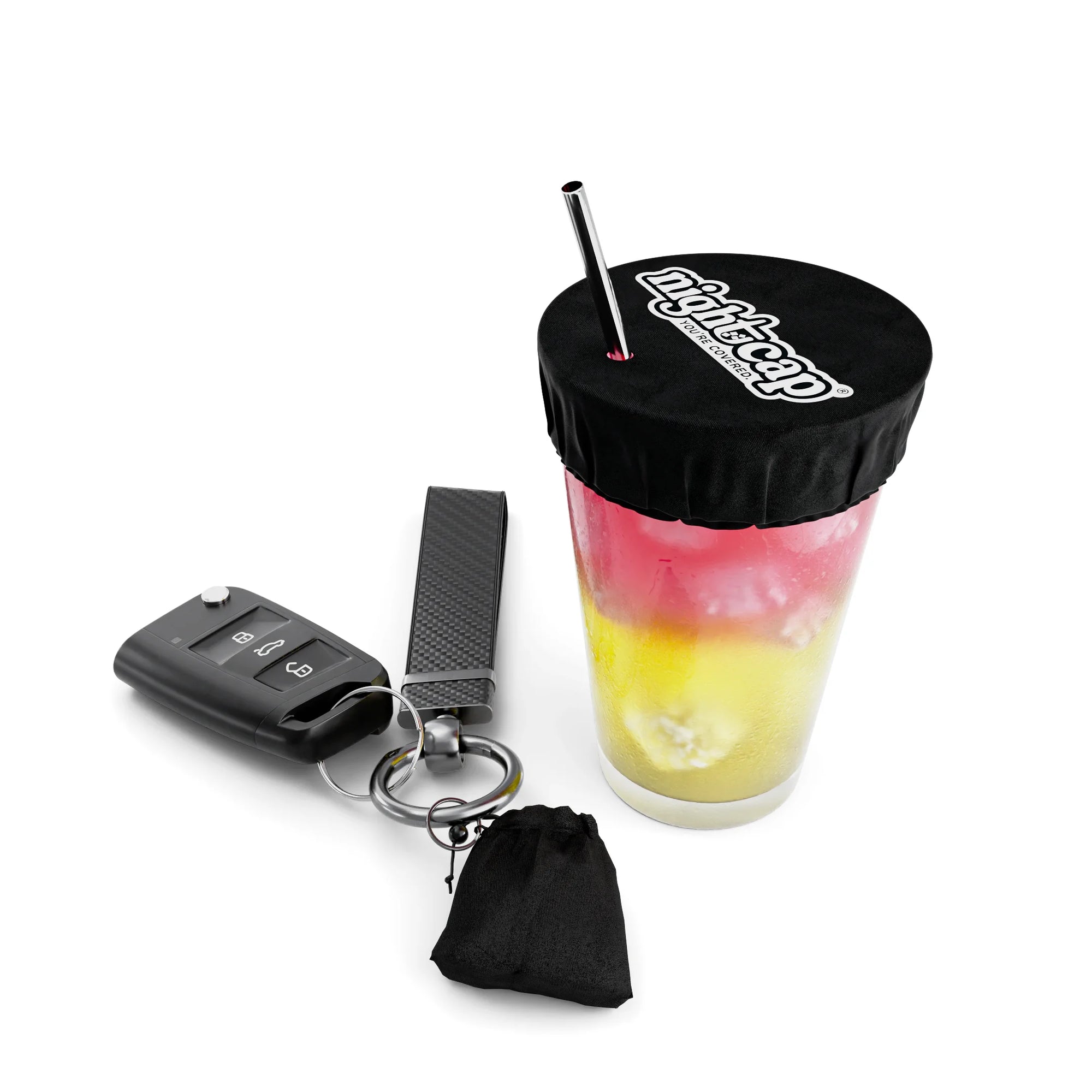 NightCap portable drink cover keychain displayed beside a protected cocktail with a reusable straw for drink spiking prevention.